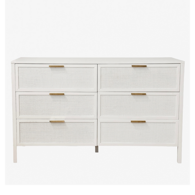 Santorini Hamptons 6 Drawer Timber/Rattan Dresser 140cm White