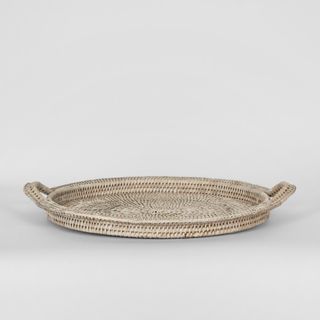 Paume Rattan Round Serving Tray with Handles White wash