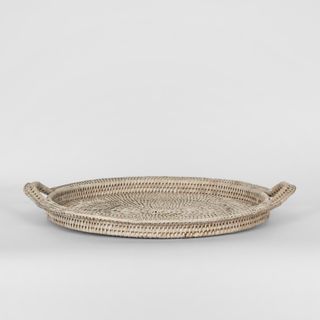 Paume Rattan Round Serving Tray with Handles White wash