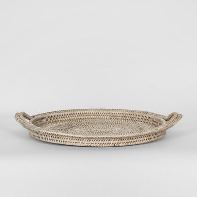 Paume Rattan Round Serving Tray with Handles White wash