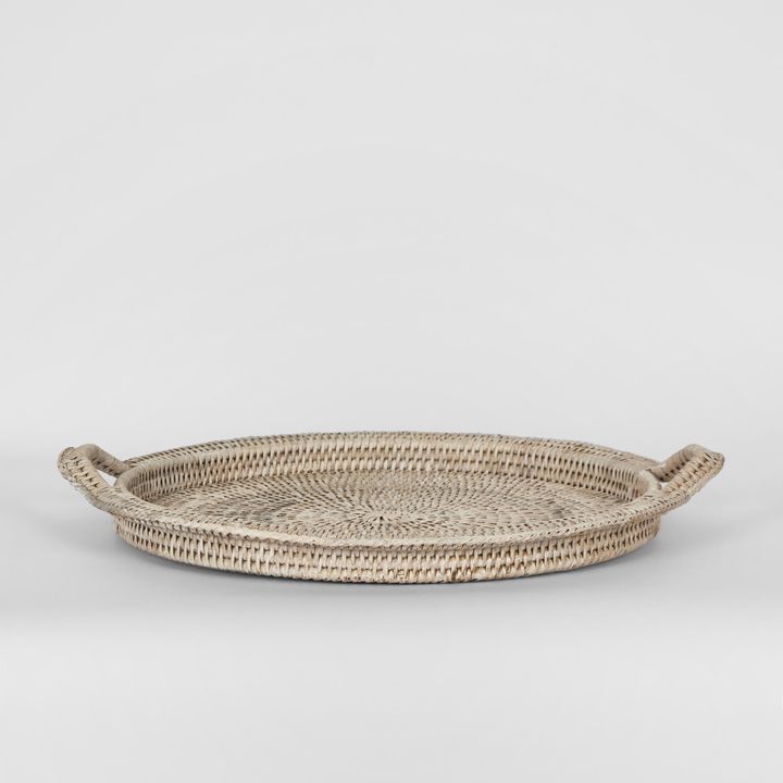 Paume Rattan Round Serving Tray with Handles White wash