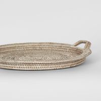 Paume Rattan Round Serving Tray with Handles White wash