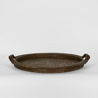 Paume Rattan Round Serving Tray with Handles Antique Brown