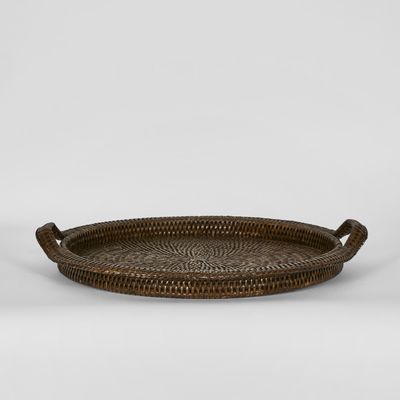 Paume Rattan Round Serving Tray with Handles Antique Brown