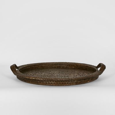 Paume Rattan Round Serving Tray with Handles Antique Brown