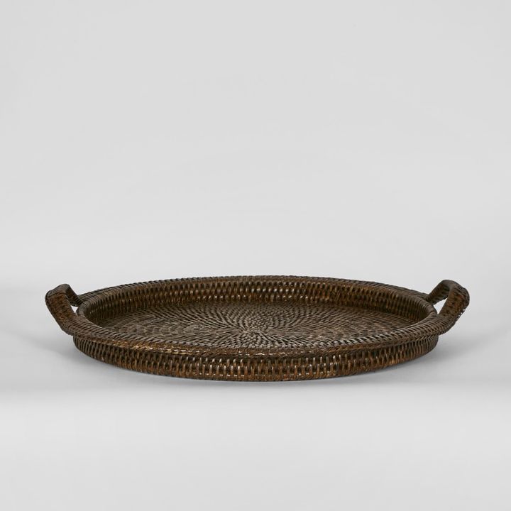 Paume Rattan Round Serving Tray with Handles Antique Brown