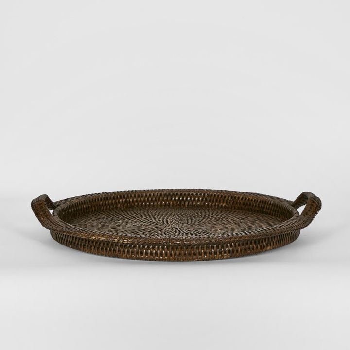 Paume Rattan Round Serving Tray with Handles Antique Brown