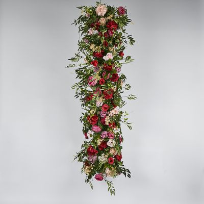 Floral Runner With Pink, Purple, Beige & Red Roses & Peonies and green leaves