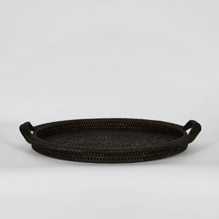 Paume Rattan Round Serving Tray with Handles Black