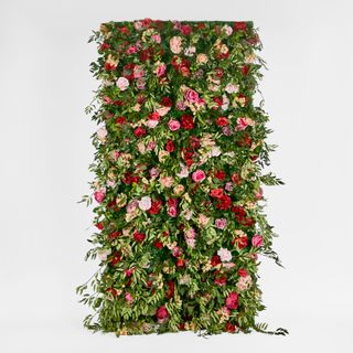 Flower Wall With Pink, Purple, Beige & Red Roses & Peonies and green leaves