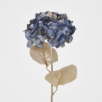 Blue with Champagne Gold Glitter Christmas Hydrangea with 2 Leaves