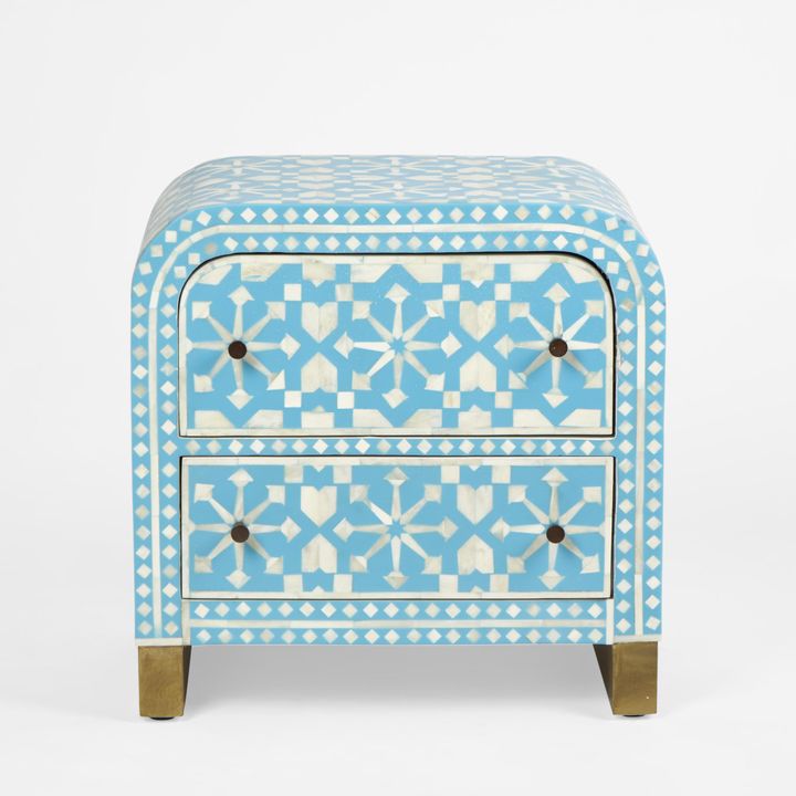 Adina Bone Inlay Bedside Table Aqua/White