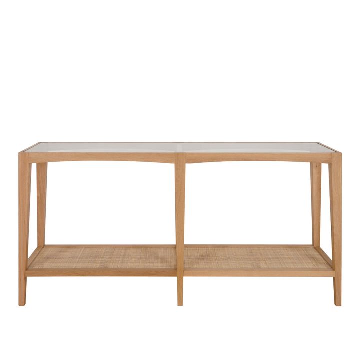 Mila Natural Oak Console With Rattan Base And Glass Top 152Cm