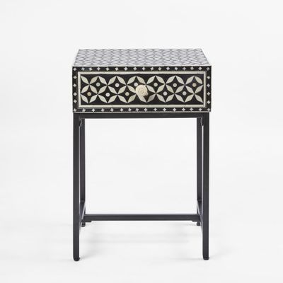 Stella Bone Inlay Bedside Table Black/White/Black Base