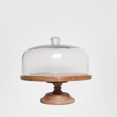 Wood Cake Stand With Glass Cloche