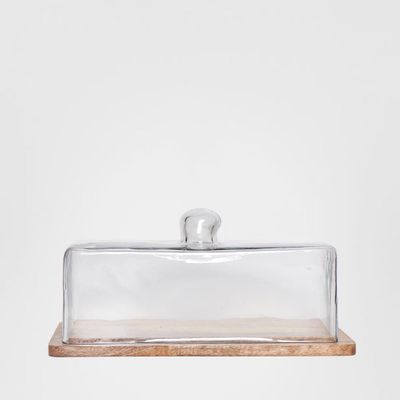 Square Glass Cloche With Wood Base 30cm