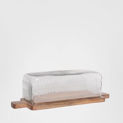 Rectangle Glass Cloche With Wood Base 42cm