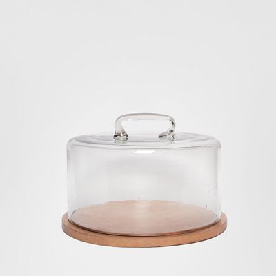 Round Glass Cloche With Wood Base 30cm