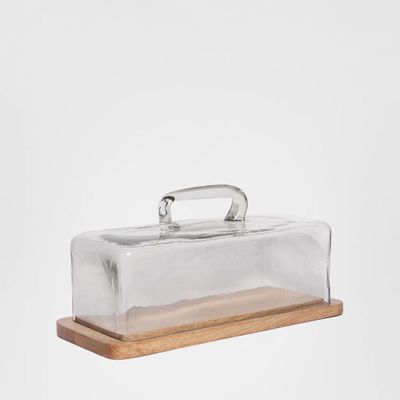 Rectangle Glass Cloche With Wood Base 32cm