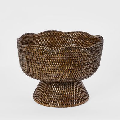 Paume Scallop Rattan Fruit Bowl on Stand Antique Brown