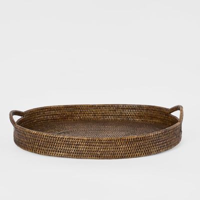 Paume Rattan Oval Serving Tray with Handles Antique Brown