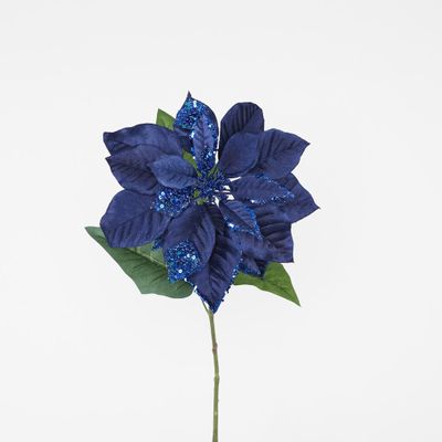 Single Large Velvet & Glitter Poinsettia Blue