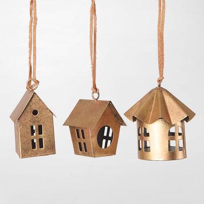 Brass Bird House Decorations - Set of 3