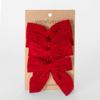 Velvet Bows w Ties Red - Set of 4