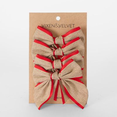 Jute Bows Red Trim w. Ties - Set of 4