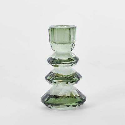 Lustre Glass Cut Candle Holder Green