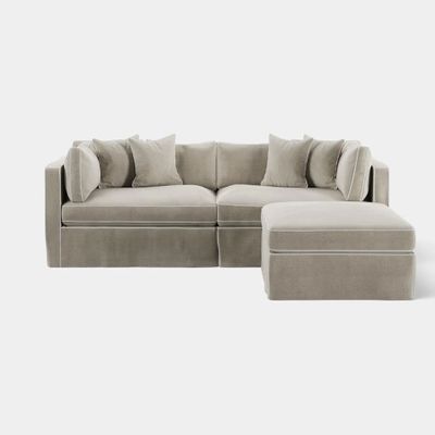 Marbella Modular 4 Seater Reversible Ottoman Chaise Sofa Natural W/White Piping