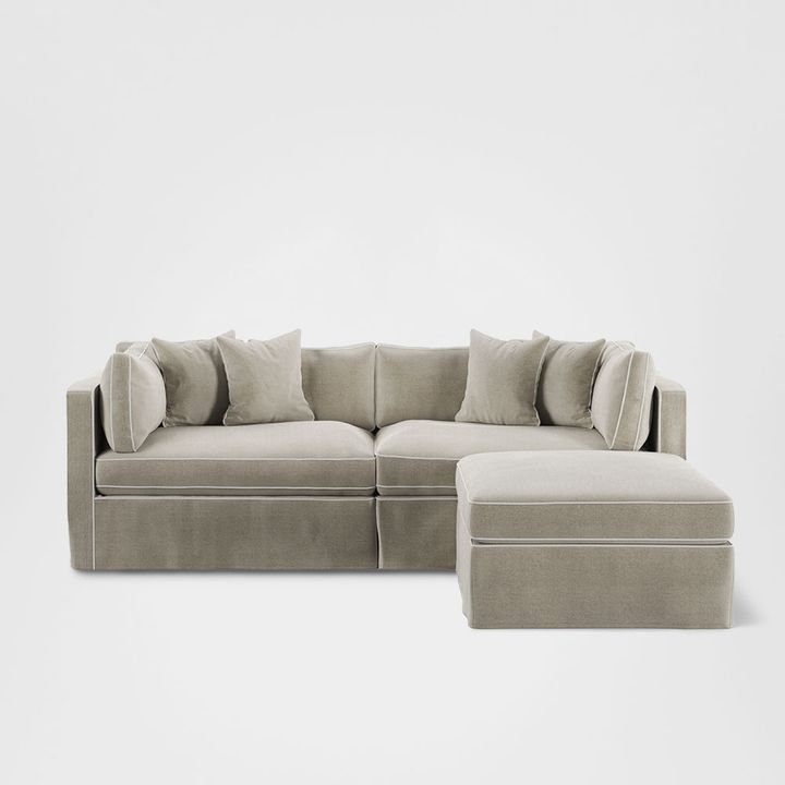 Marbella Modular 4 Seater Sofa Reversible Ottoman Chaise Natural W/White Piping