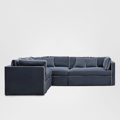 Marbella Modular Sofa Navy W/White Piping - Left Facing