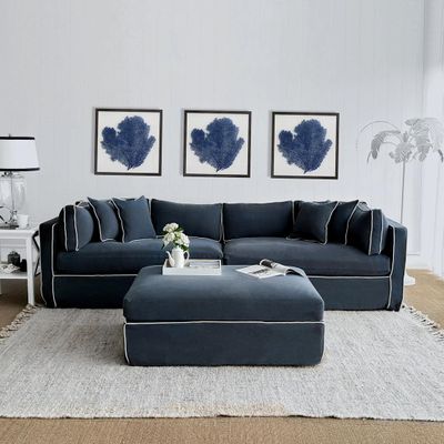 Marbella 4 Seat Sofa Navy W/White Piping