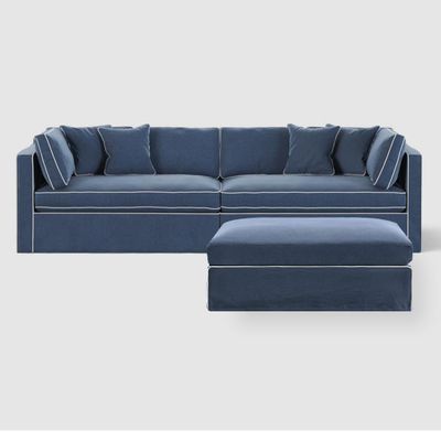 Marbella Modular 4 Seater Reversible Ottoman Chaise Sofa Navy W/White Piping