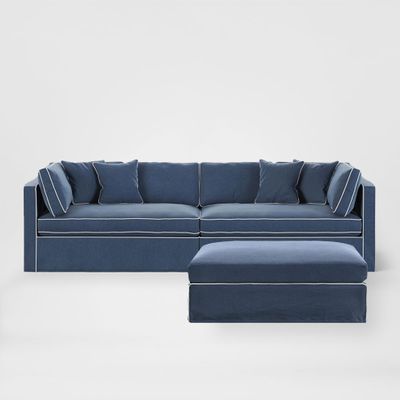 Marbella Modular 4 Seater Sofa Reversible Ottoman Chiase Navy W/White Piping