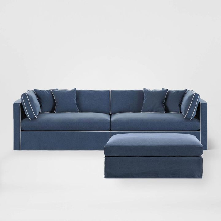 Marbella Modular 4 Seater Sofa Reversible Ottoman Chiase Navy W/White Piping