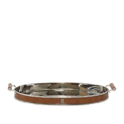 Verona Oval Tray Leather Brown and Silver