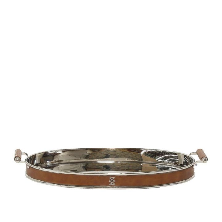 Verona Oval Tray Leather Brown and Silver