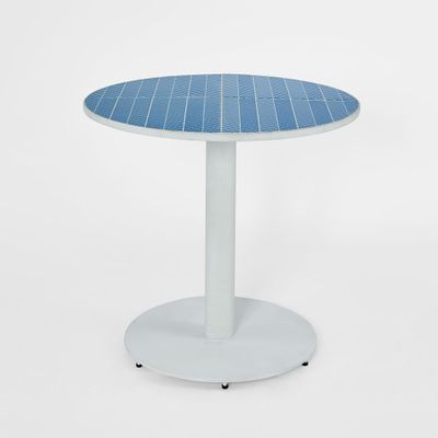 Herringbone  Round Table Outdoor Iron White with blue tiled top