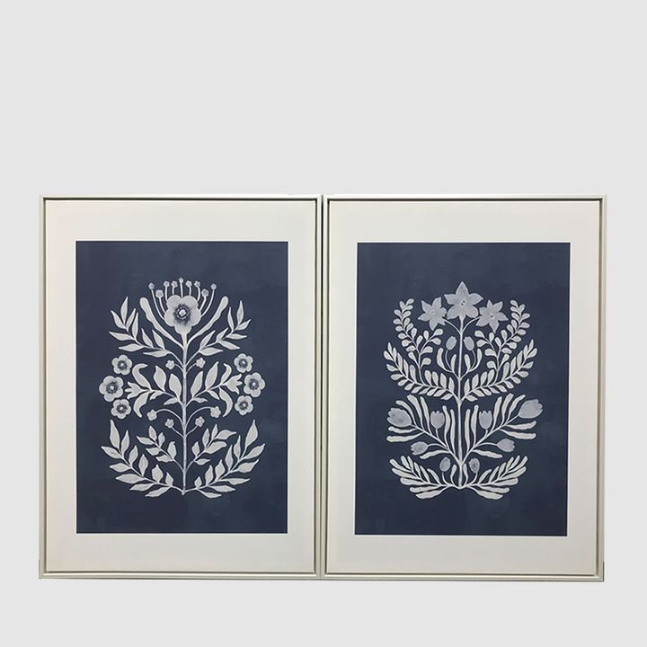 Flowers Blue Motif Framed Wall Art 60x80cm Set 2