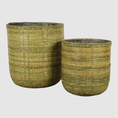 Village Planter Set of 2  Bamboo/Cement
