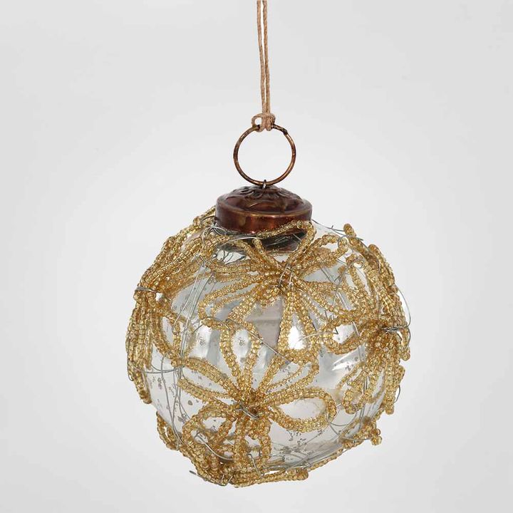 Beaded Gold Fleur Glass Bauble