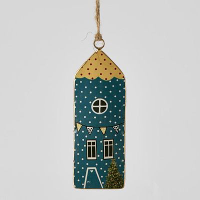 Village Enamel House Hanging Ornament Blue