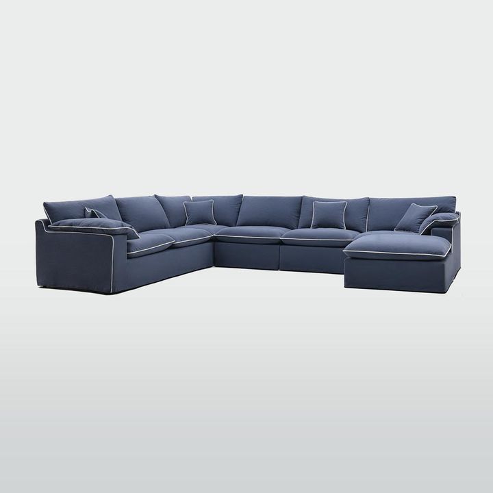 Norfolk 6 Seater Modular with Chaise (Reversible) Navy w/White piping