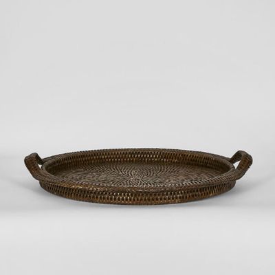 Paume Rattan Round Serving Tray with Handles Antique Brown