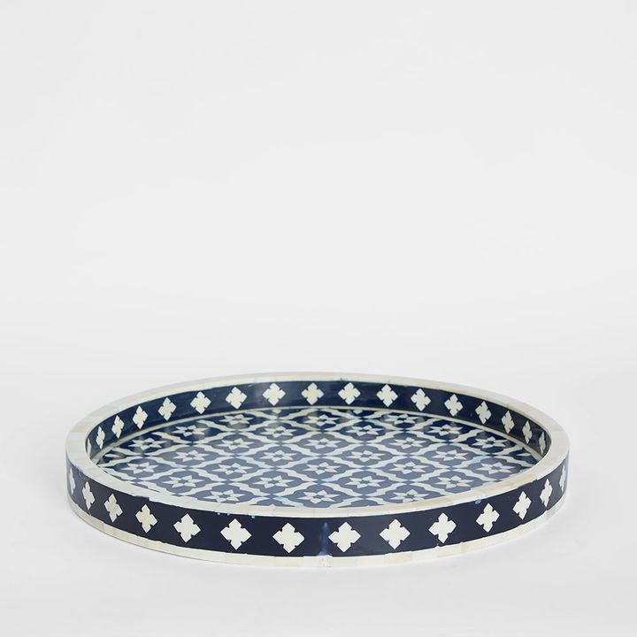 Anaahi Round Bone Inlay Tray Blue/White