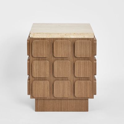 Porto Travertine & Walnut Side Table.