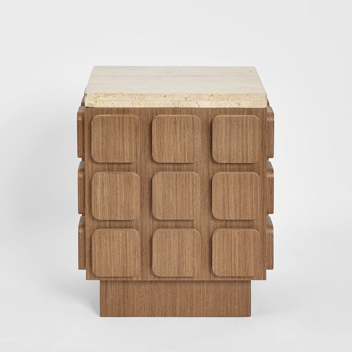 Porto Travertine & Walnut Side Table.