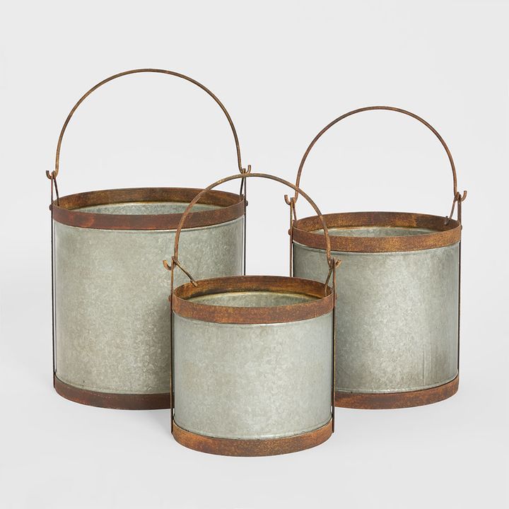 Set of 3 Bucket Planters Zinc